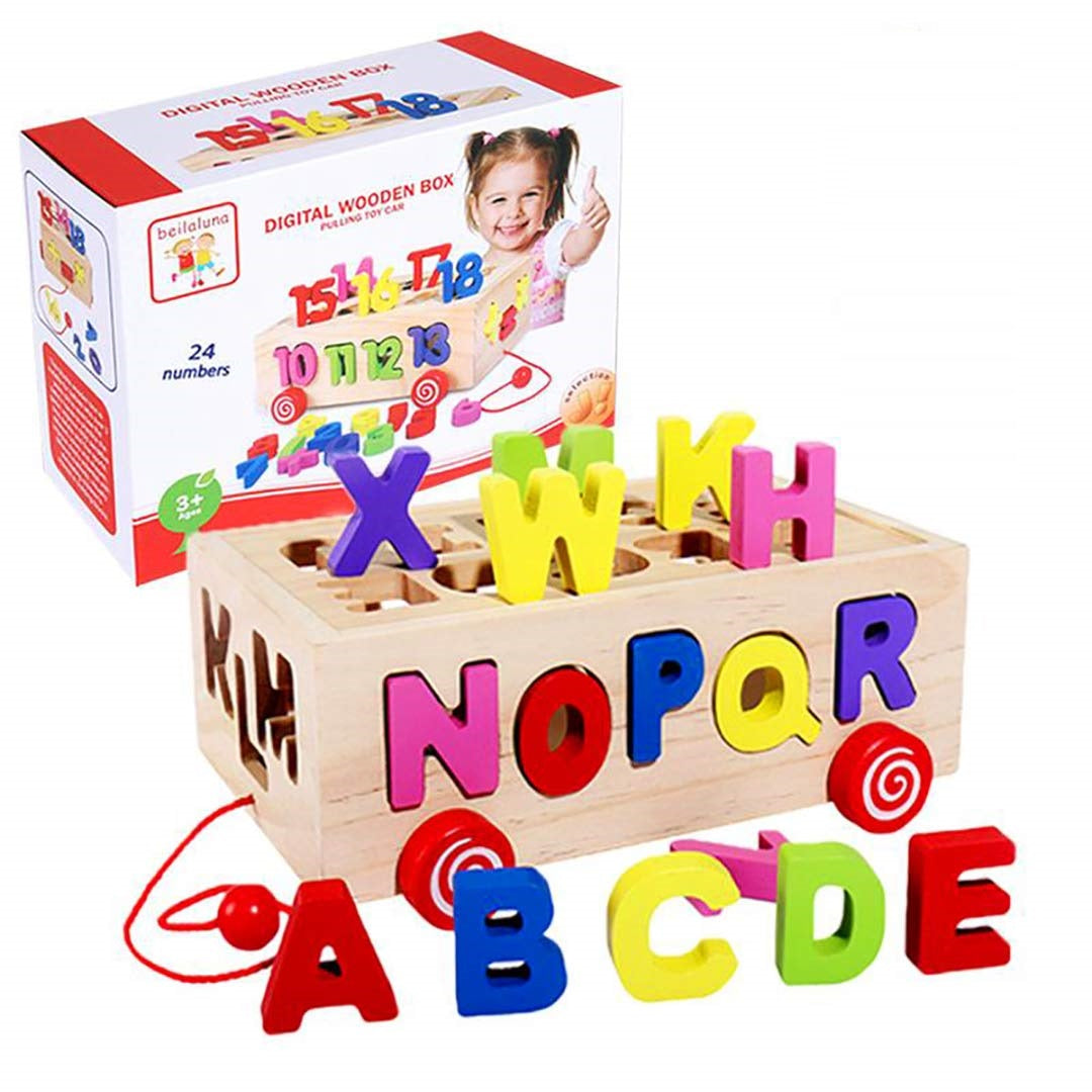 Wooden 3D Learning and Pulling Bus Cart - 874 - 26 Letter-26 Number - Odeez | Educational Toys Pakistan 