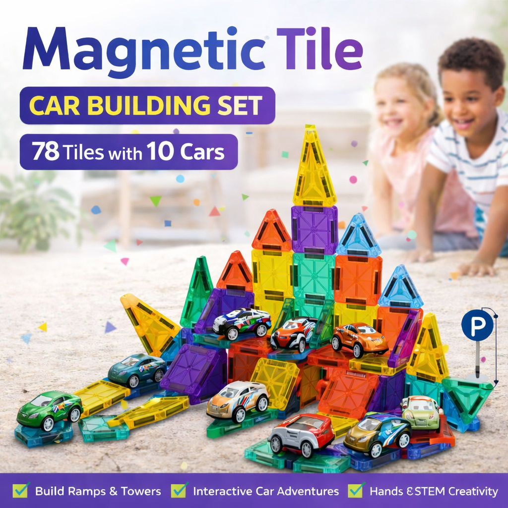 Magnetic Tile Car Building Set 78 Tiles with 10 Cars - 527