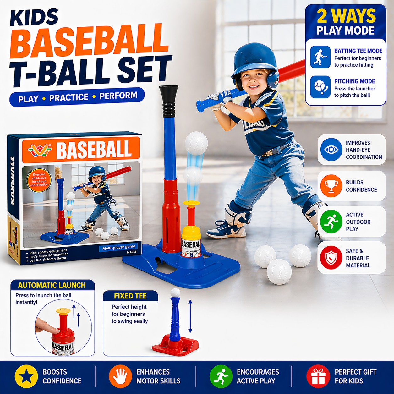 Kids Baseball T-Ball Set – 2-in-1 Training and Play Kit - 959