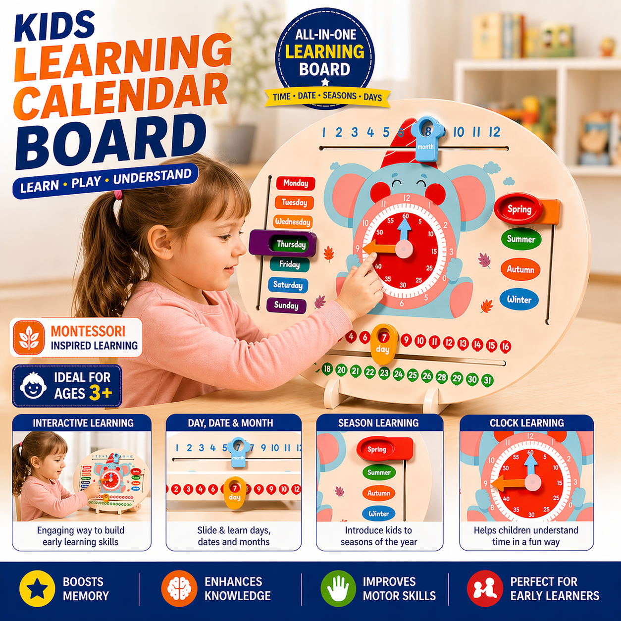 Kids Wooden Calendar Learning Board with Clock - 863