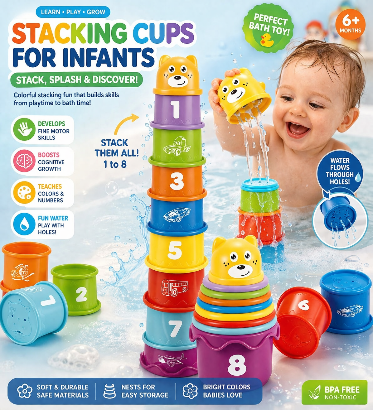 Stacking Cups for Infants Bath & Learning Toy 8 Piece - 738