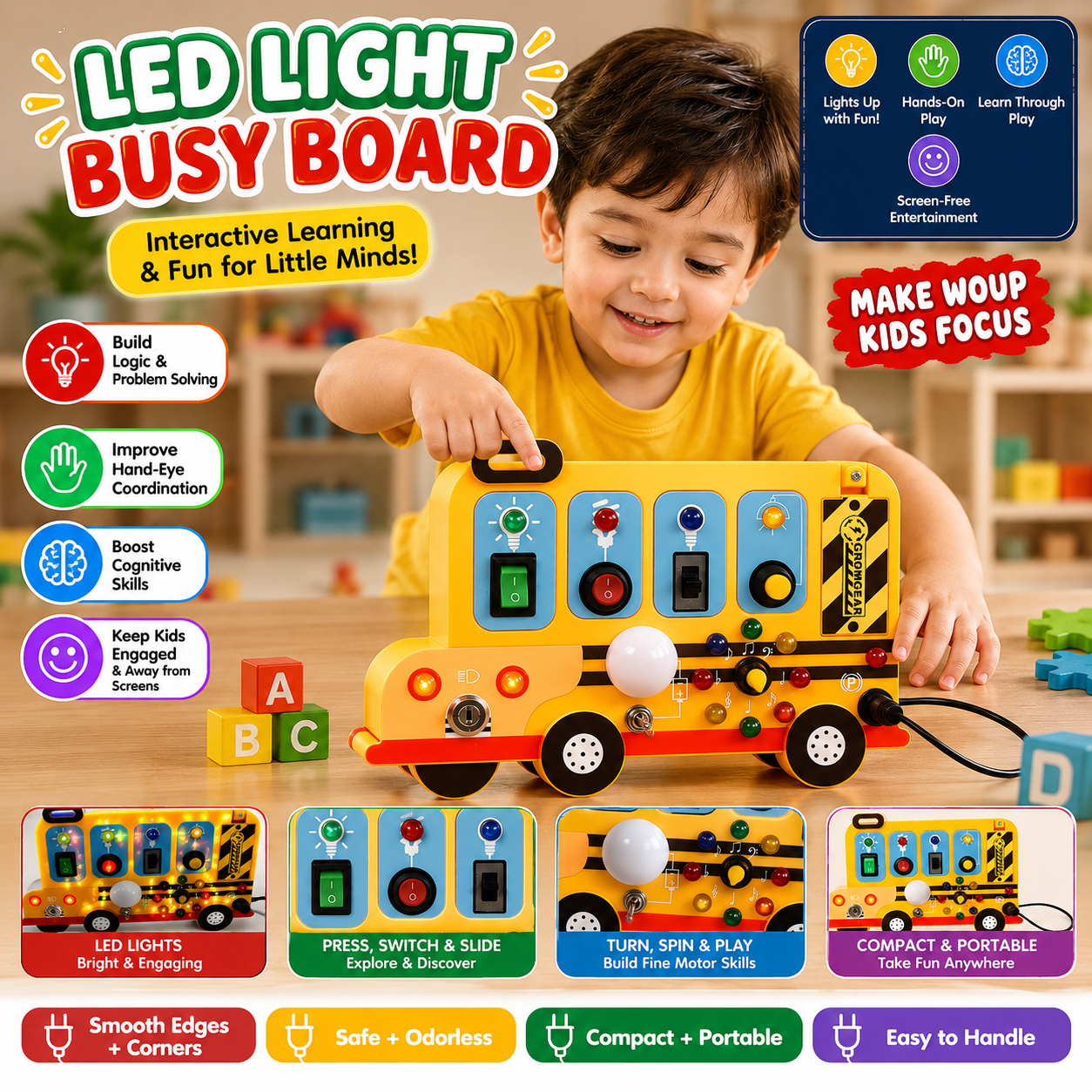 Kids Sensory Switch Board Busy Truck Interactive Fine Motor Activity Toy