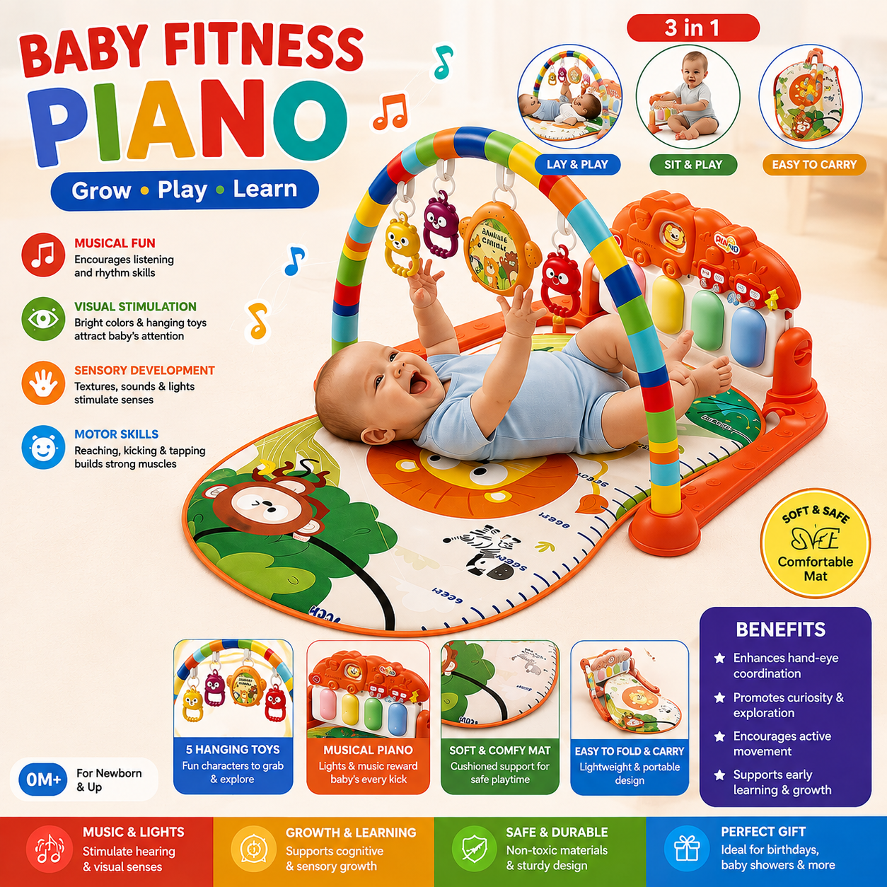 3in1 Baby Fitness Piano Play Gym with Musical Kick Piano and Hanging Toys 172