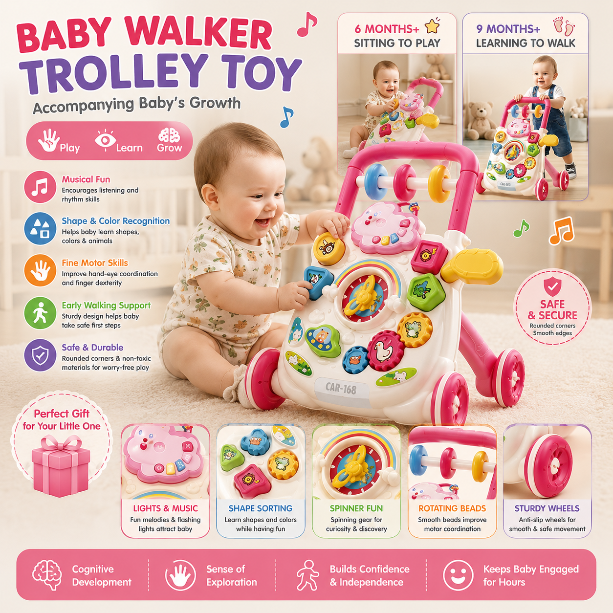 3in1 Baby Walker Trolley with Activity Center and Learning Toys 160