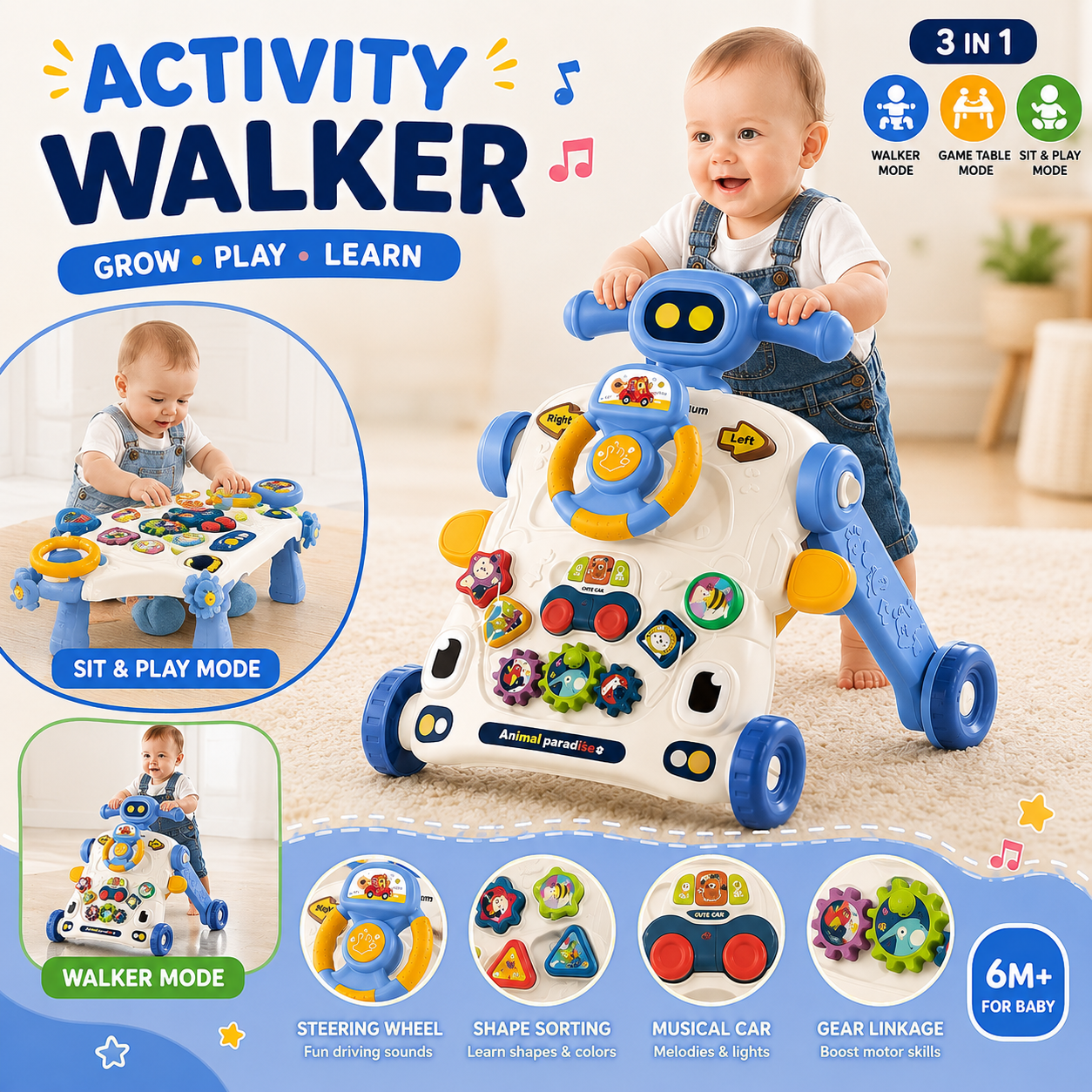 3in1 Baby Activity Walker with Game Table and Musical Steering Wheel 6043