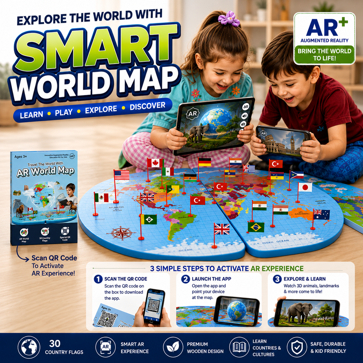 AR Smart World Map – Wooden 30 Countries Flags