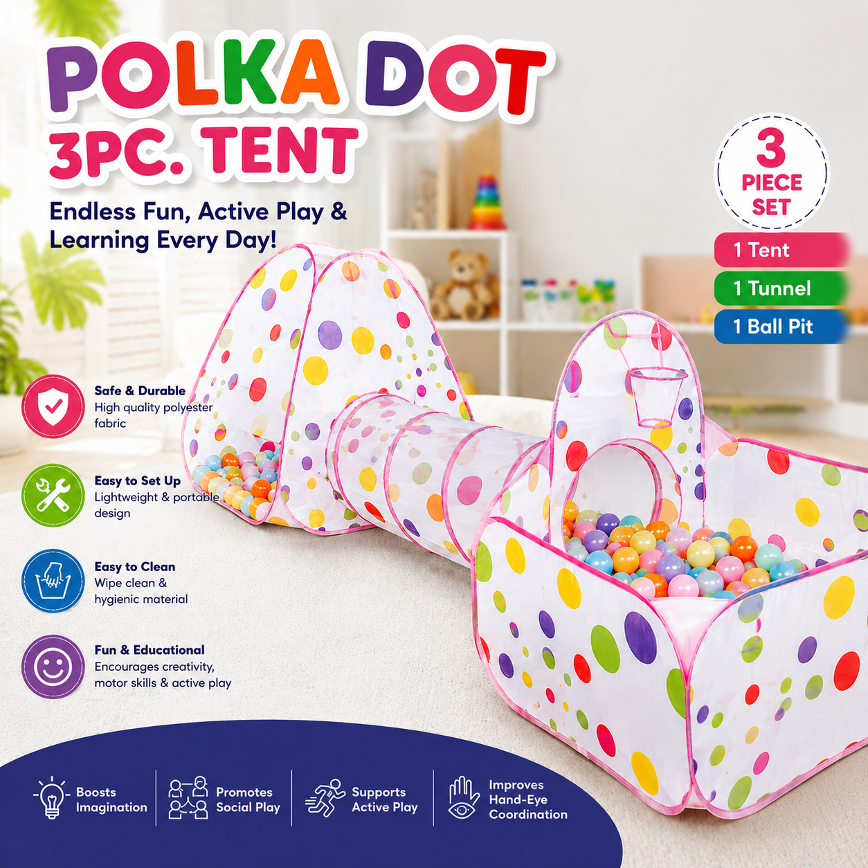 Polka Dot 3PC Play Tent Set - 202