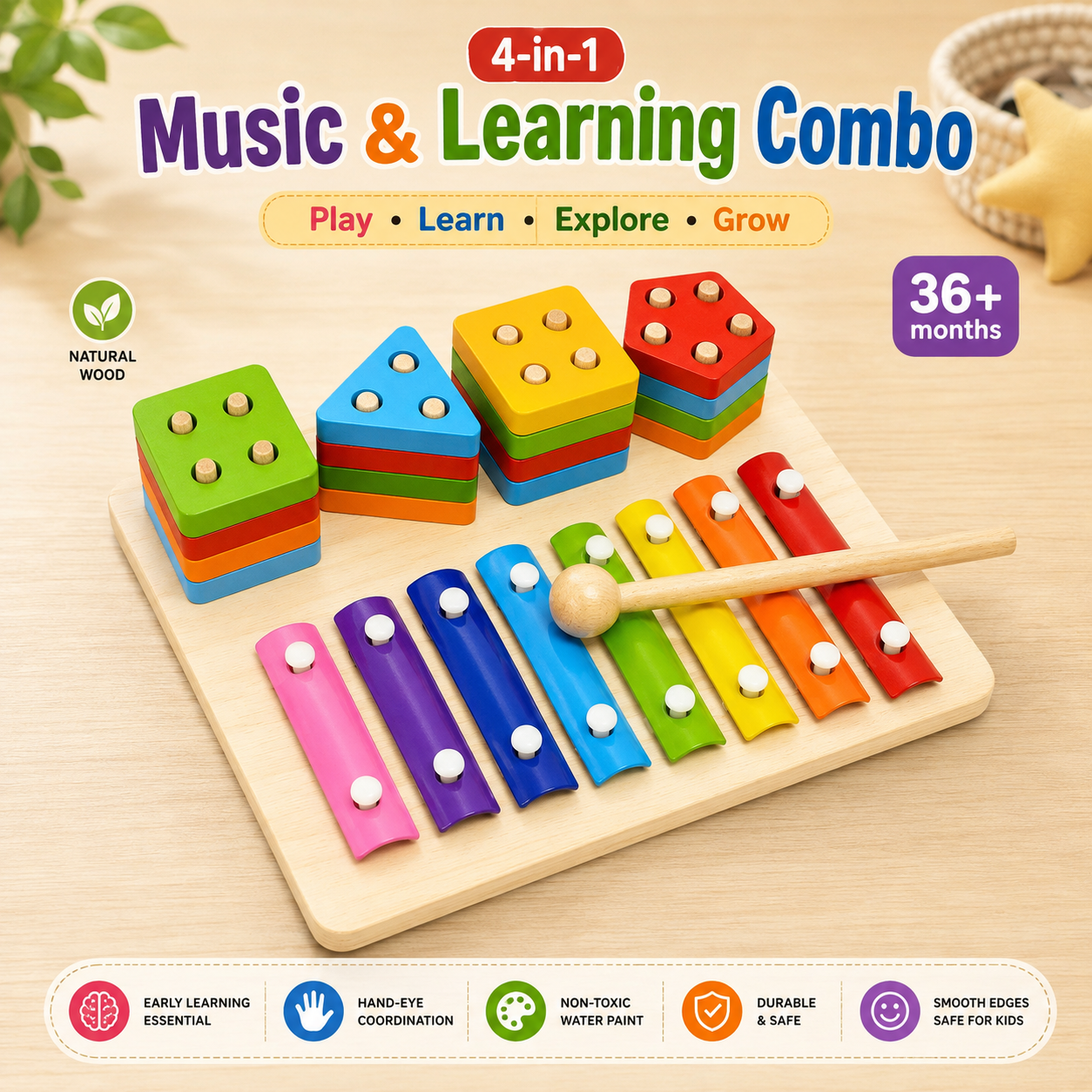 Wooden Xylophone and Shape Stacking Learning Toy