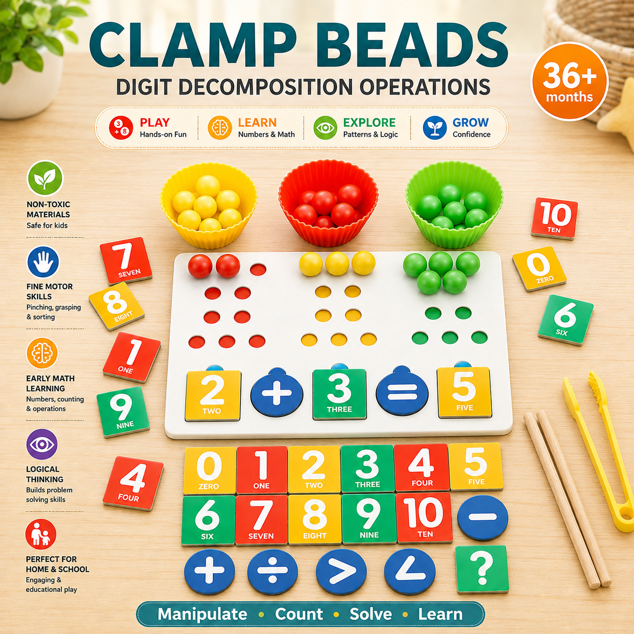 Clamp Beads Digit Decomposition and Math Learning Wooden Set