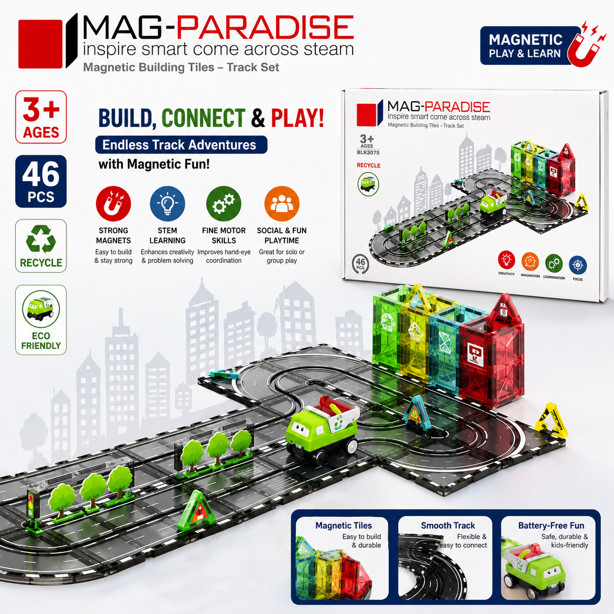 MAG PARADISE Magnetic Building Tiles Track Set 46 pieces - 075