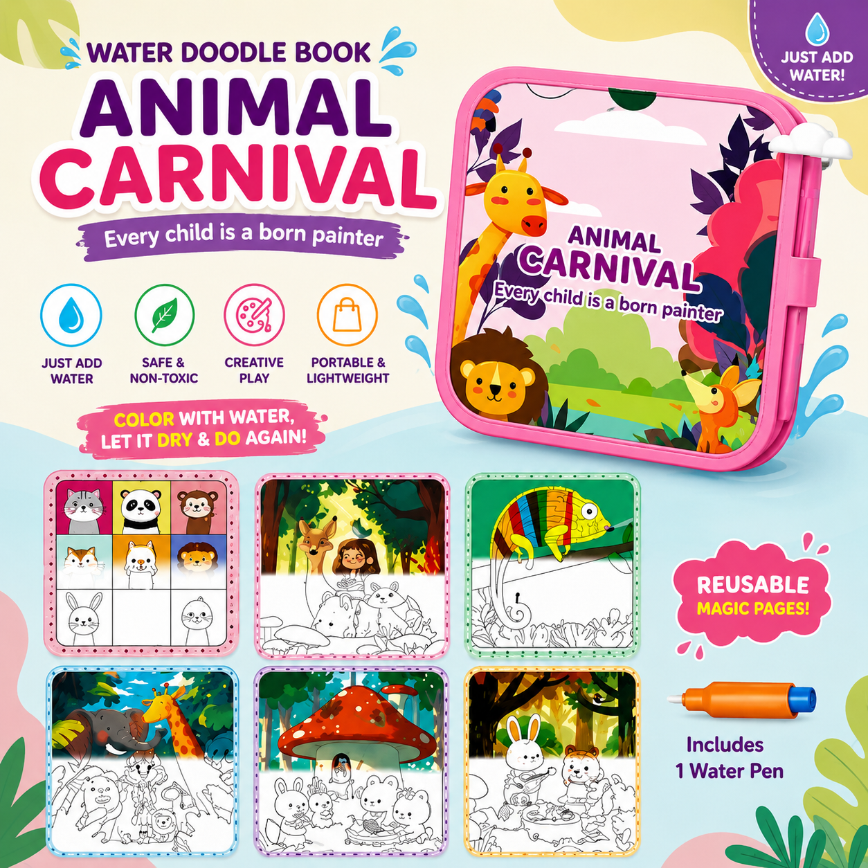 Water Doodle Animal Carnival Reusable Coloring Book for Kids