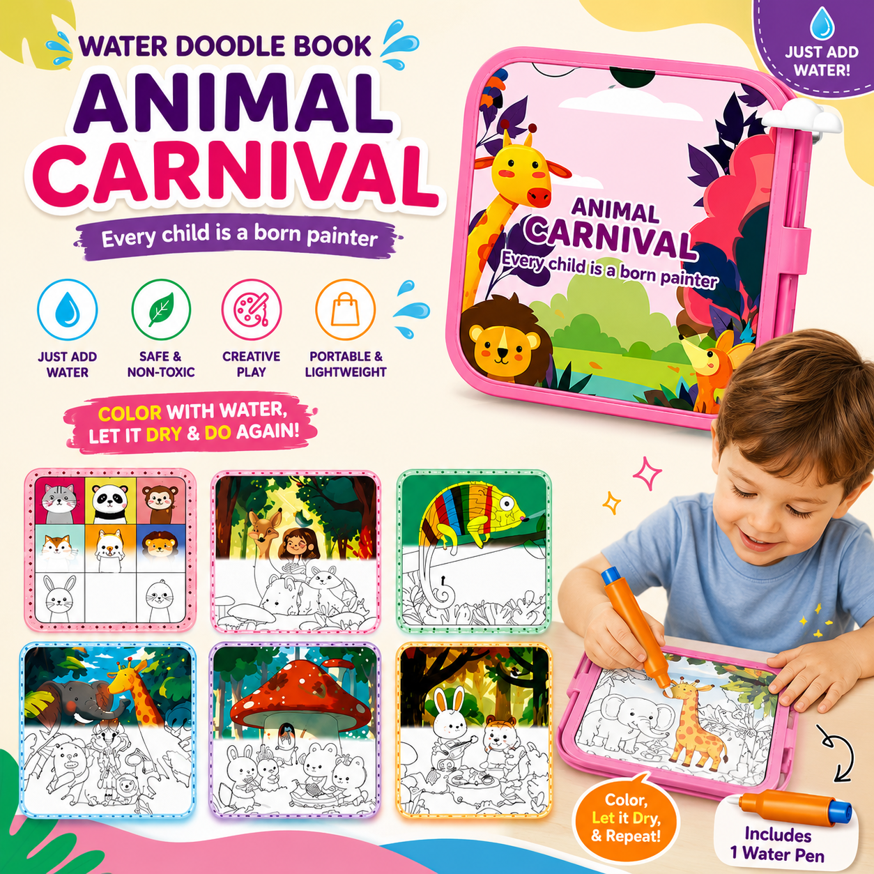 Water Doodle Animal Carnival Reusable Coloring Book for Kids