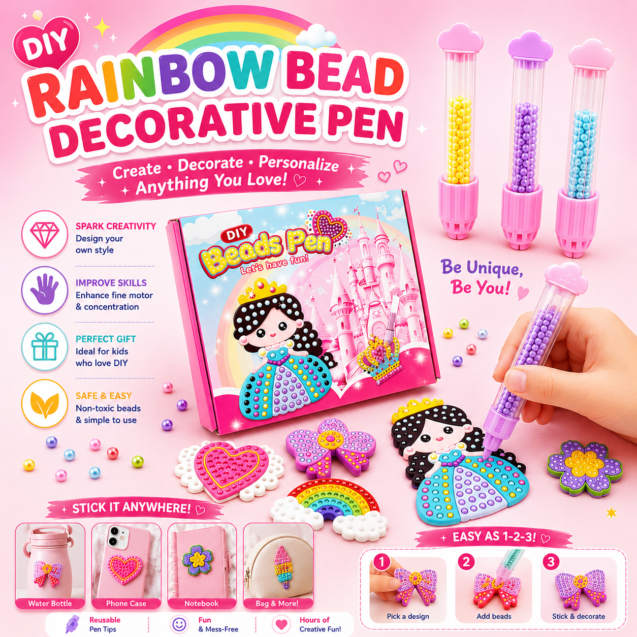 DIY Rainbow Bead Decorative Pen Kit 500+ Beads Craft Set for Kids - N2B