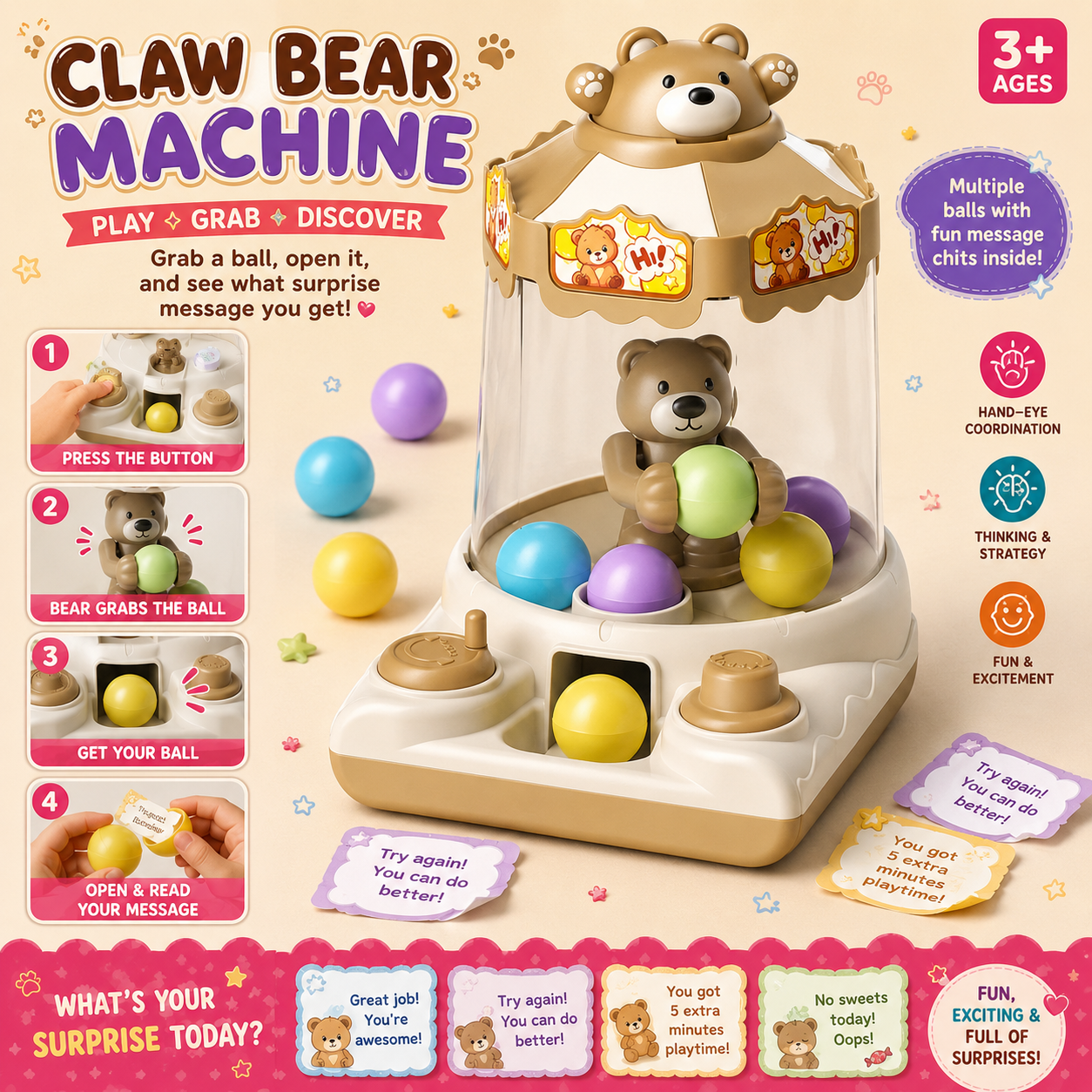 Claw Bear Surprise Machine  Interactive Reward and Message Ball Game for Kids - 028