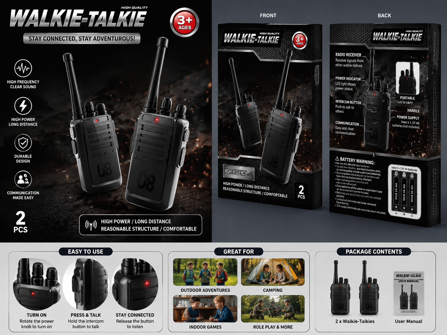 Kids Walkie Talkie Set – 2 Pack Long Range 2-Way Radio Toy