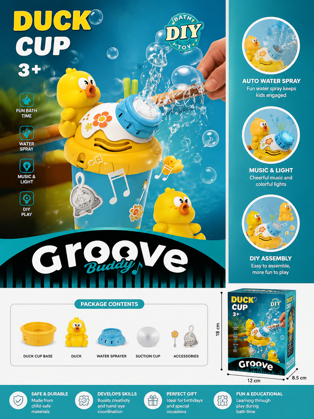 Groove Buddy Duck Cup Bath Water Spray Toy - 25Y