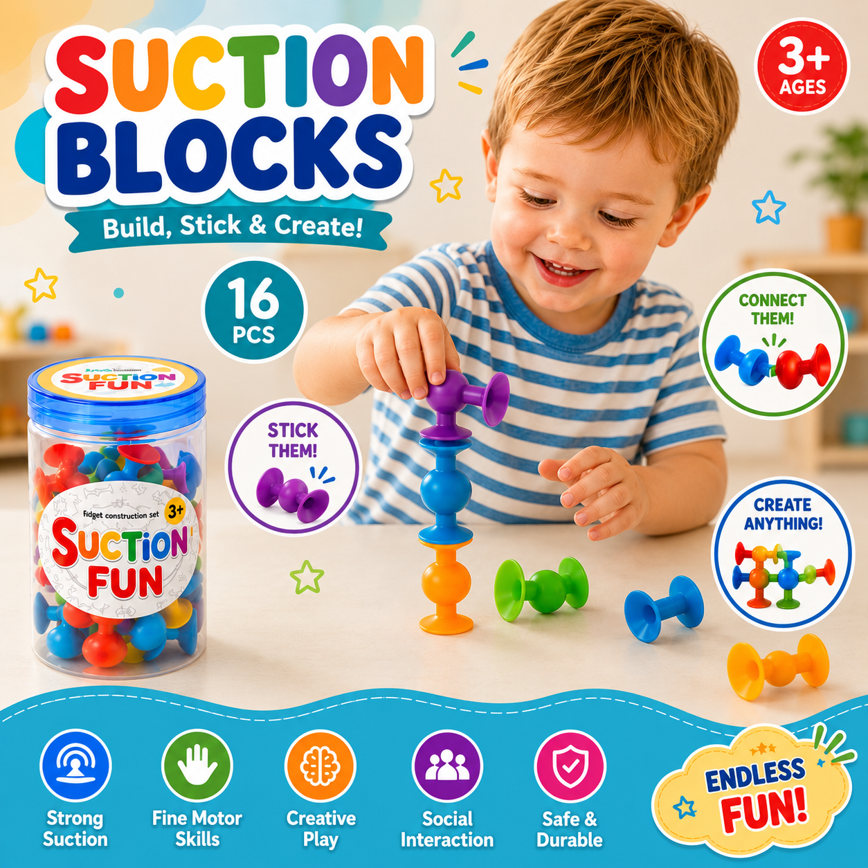 Suction Blocks 16 PCS Sensory Construction Toy for Kids Creative STEM Building Set - 237