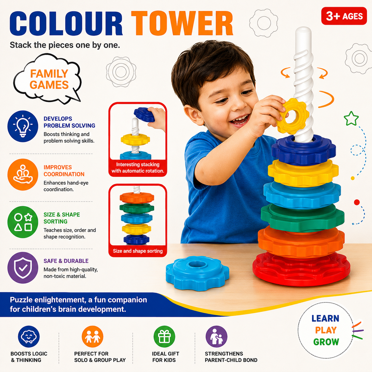 Colour Tower Stacking Toy Rotating Ring Puzzle for Kids - 688
