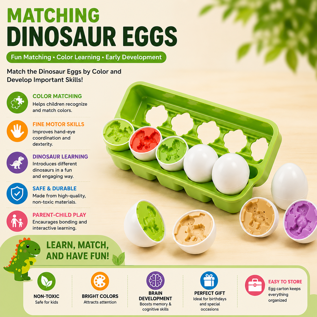 Matching Dinosaur Eggs Color Sorting Learning Toy - B75