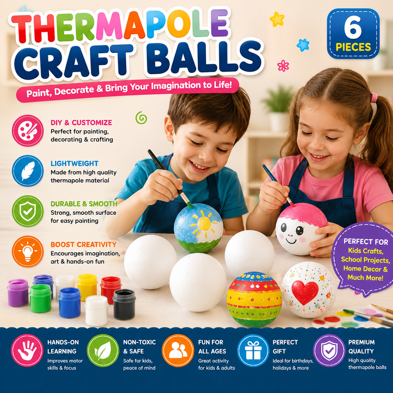 DIY Thermocol Craft Balls Set – 6 Pieces Paint & Decoration Foam Balls for Kids
