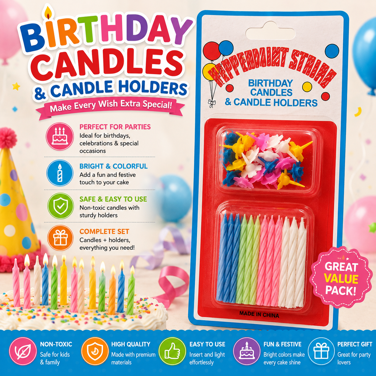 Birthday Cake Candles with Colorful Candle Holders – Party Decoration Set