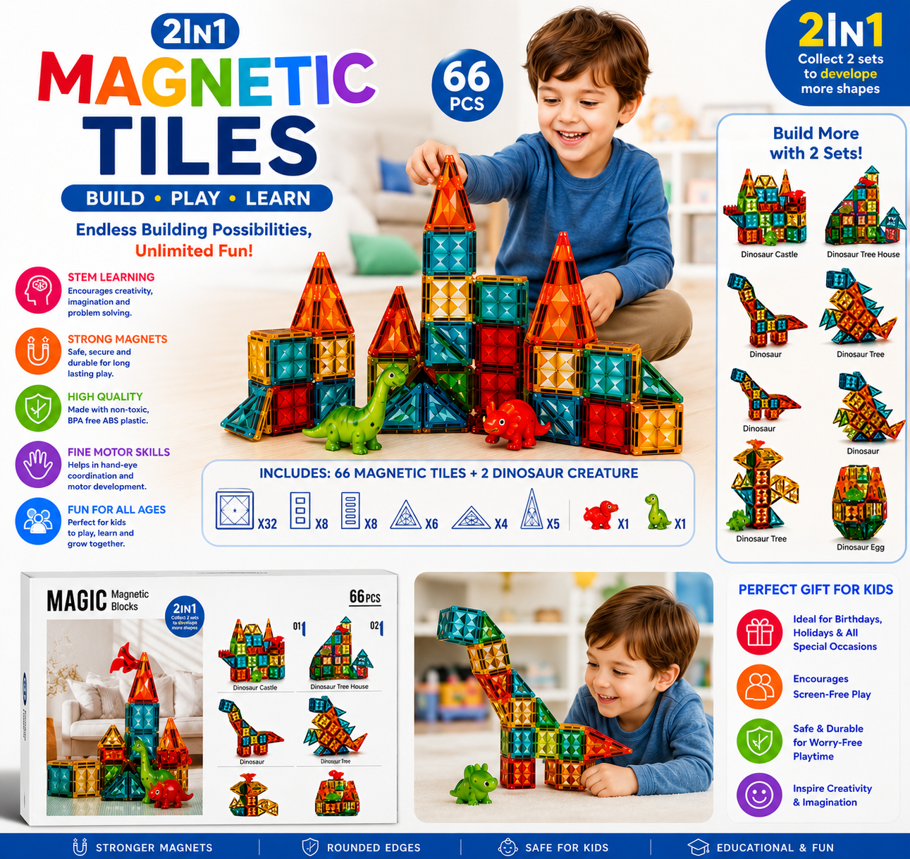 2in1 Magnetic Tiles Building Blocks Set 66 Magnetic Pcs with 2 Dinosaur Figures - 05A