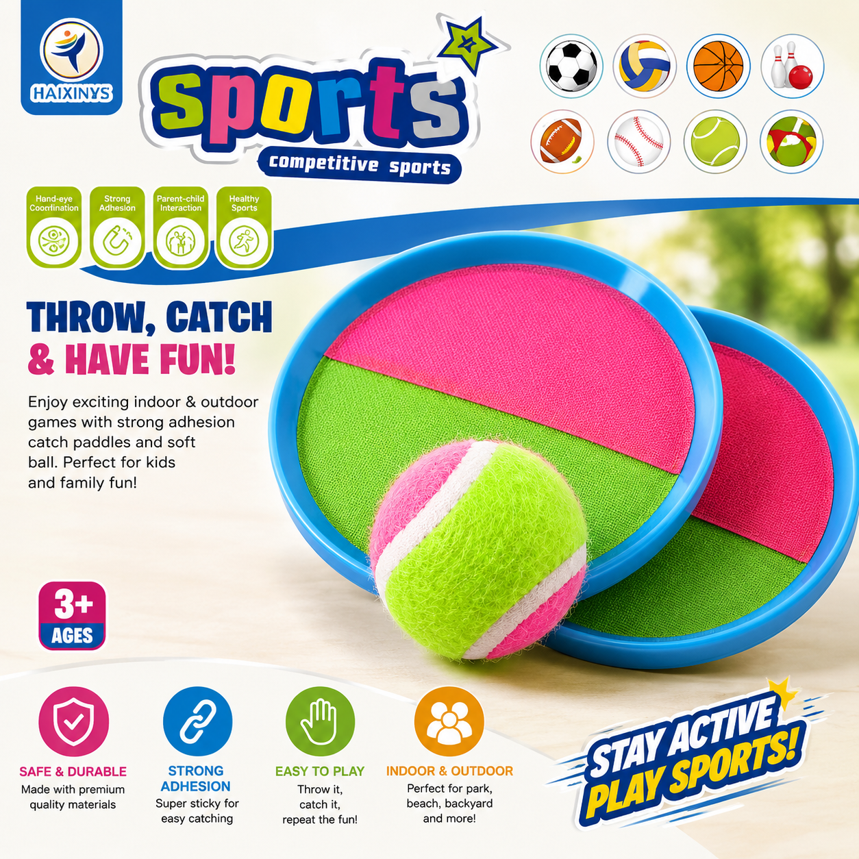 Kids Catch & Stick Paddle Ball Game Set Indoor & Outdoor Toss Toy