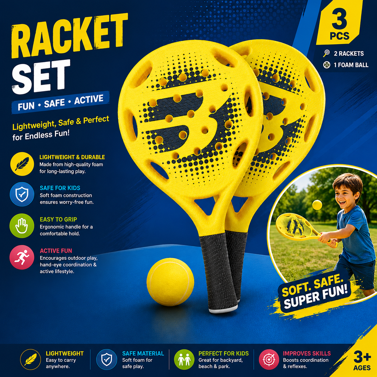 Kids Paddle Racket Set with Soft Foam Ball - 062