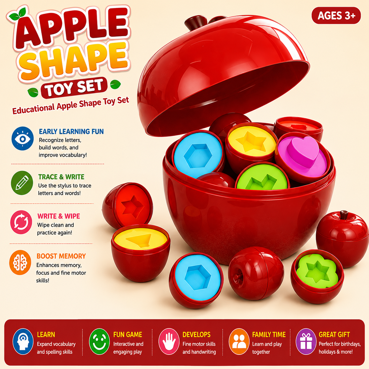 Apple Matching Toy Set Educational Sorting and Learning Game 12 pcs