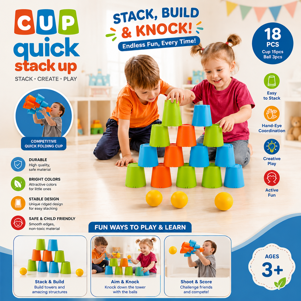 Cup Quick Stack Up Game 18 Pieces Speed Stacking Toy - 336