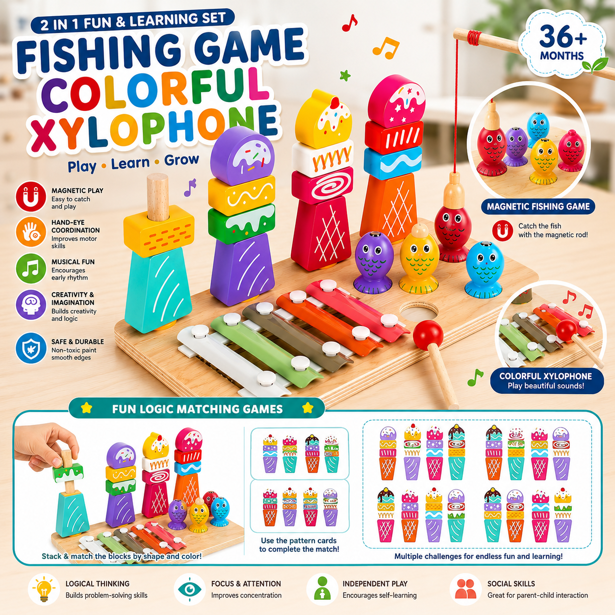 3 in 1 Fishing, Icecream Sorting and Xylophone Wooden Activity Board - 866