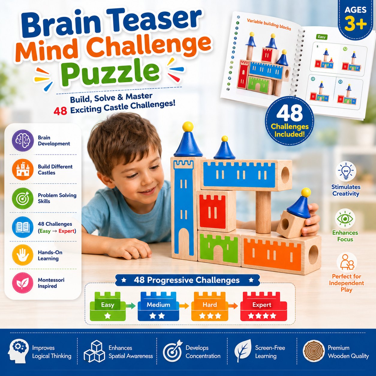 Brain Teaser Mind Challenge Puzzle 48 Castle Challenges Wooden Logic Game