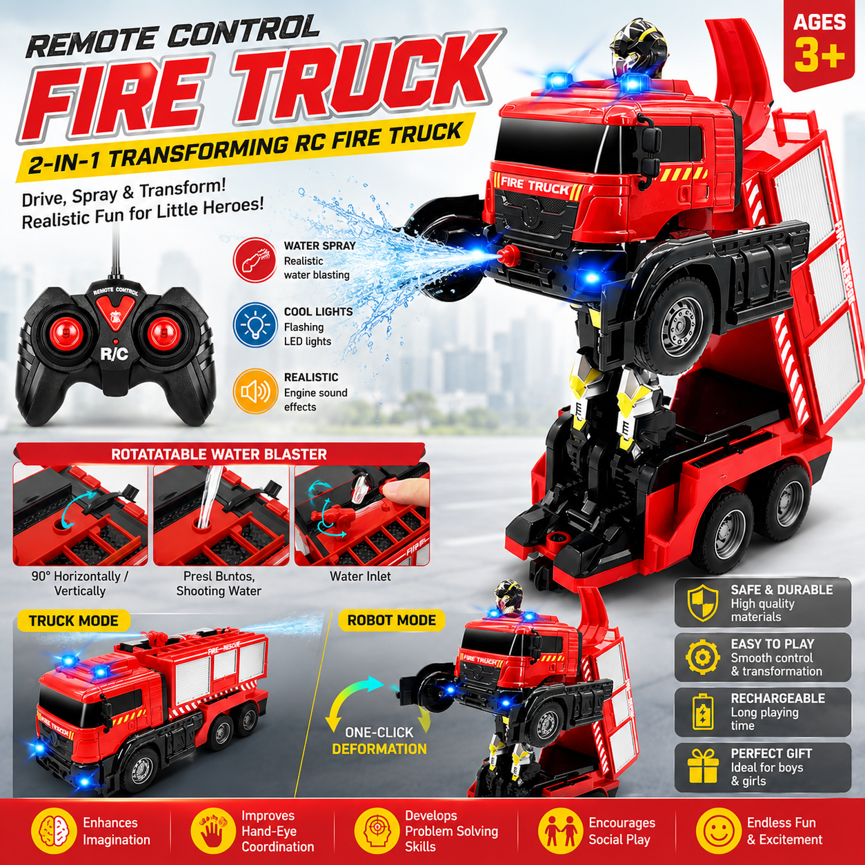 RC Transforming Fire Rescue Truck with Water Spray and Lights - 680