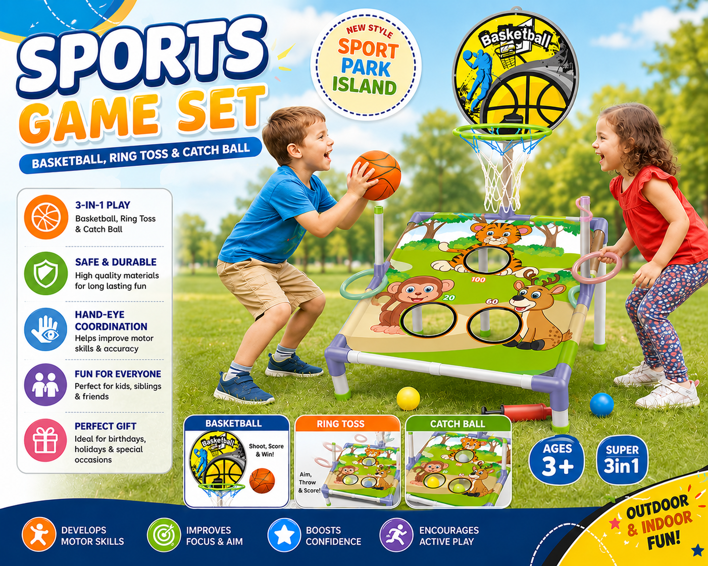 3 in 1 Sports Game Set Basketball, Ring Toss and Catch Ball - 39A