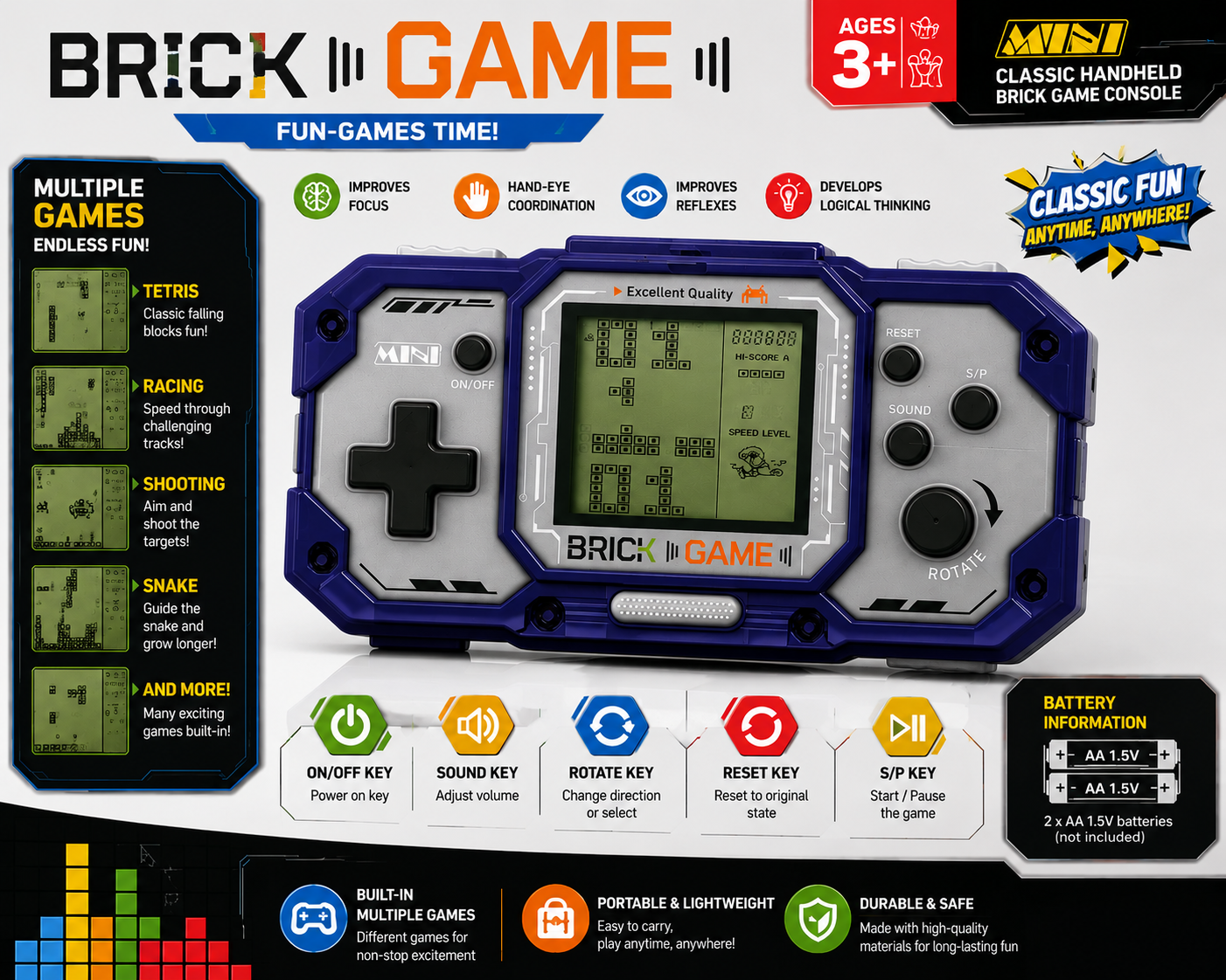 Brick Game Handheld Classic Retro Gaming Console Device for Kids Random Color 51