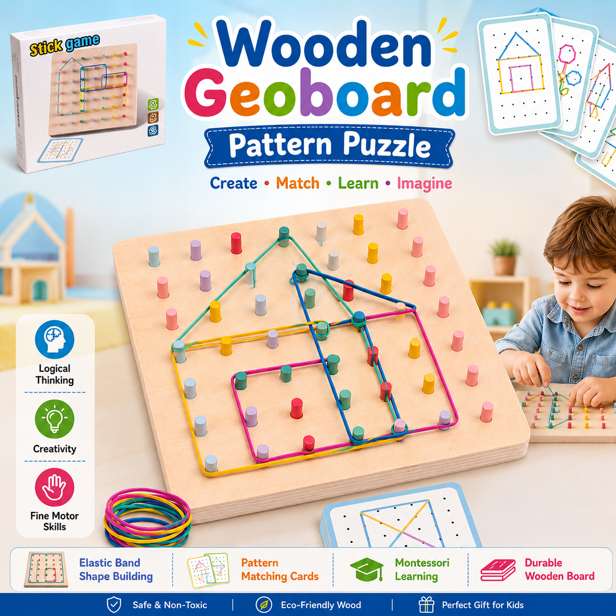 Wooden Geoboard Pattern Puzzle  Montessori Shape Building Board - 857