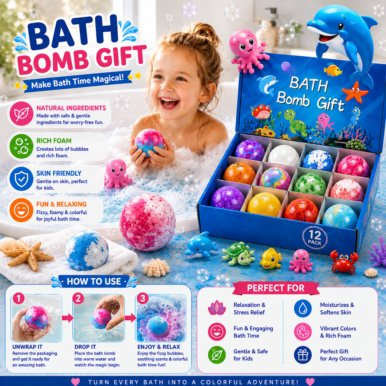 Colorful Bath Bomb Gift Set with Colorful Fizzy Surprise Sea Animals