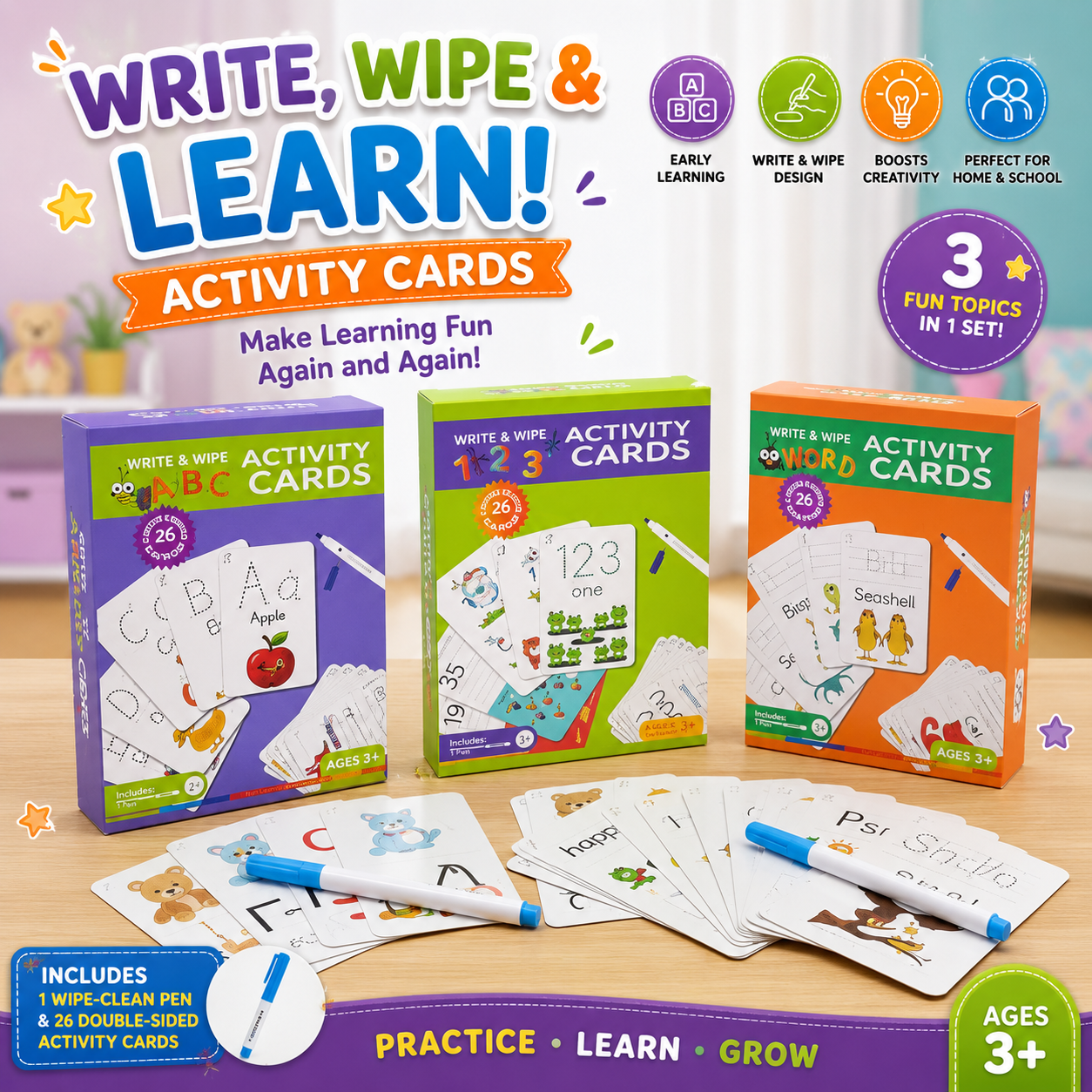 ABC, 123 and Word Write and Wipe Activities Card - 812