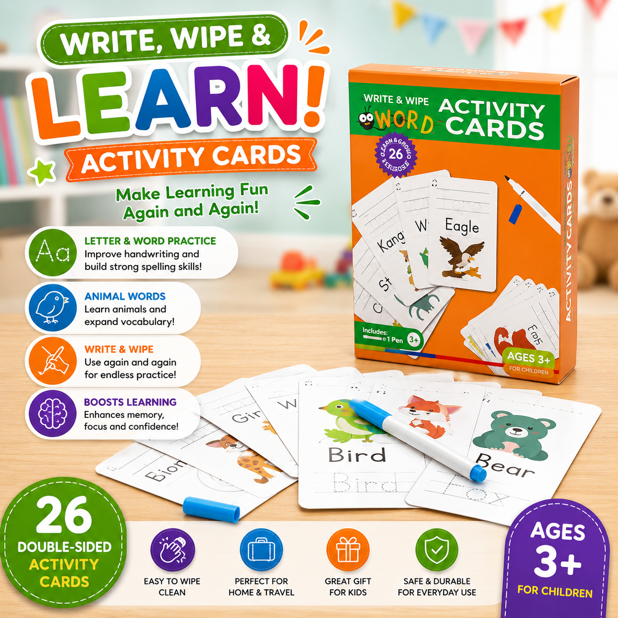 ABC, 123 and Word Write and Wipe Activities Card - 812