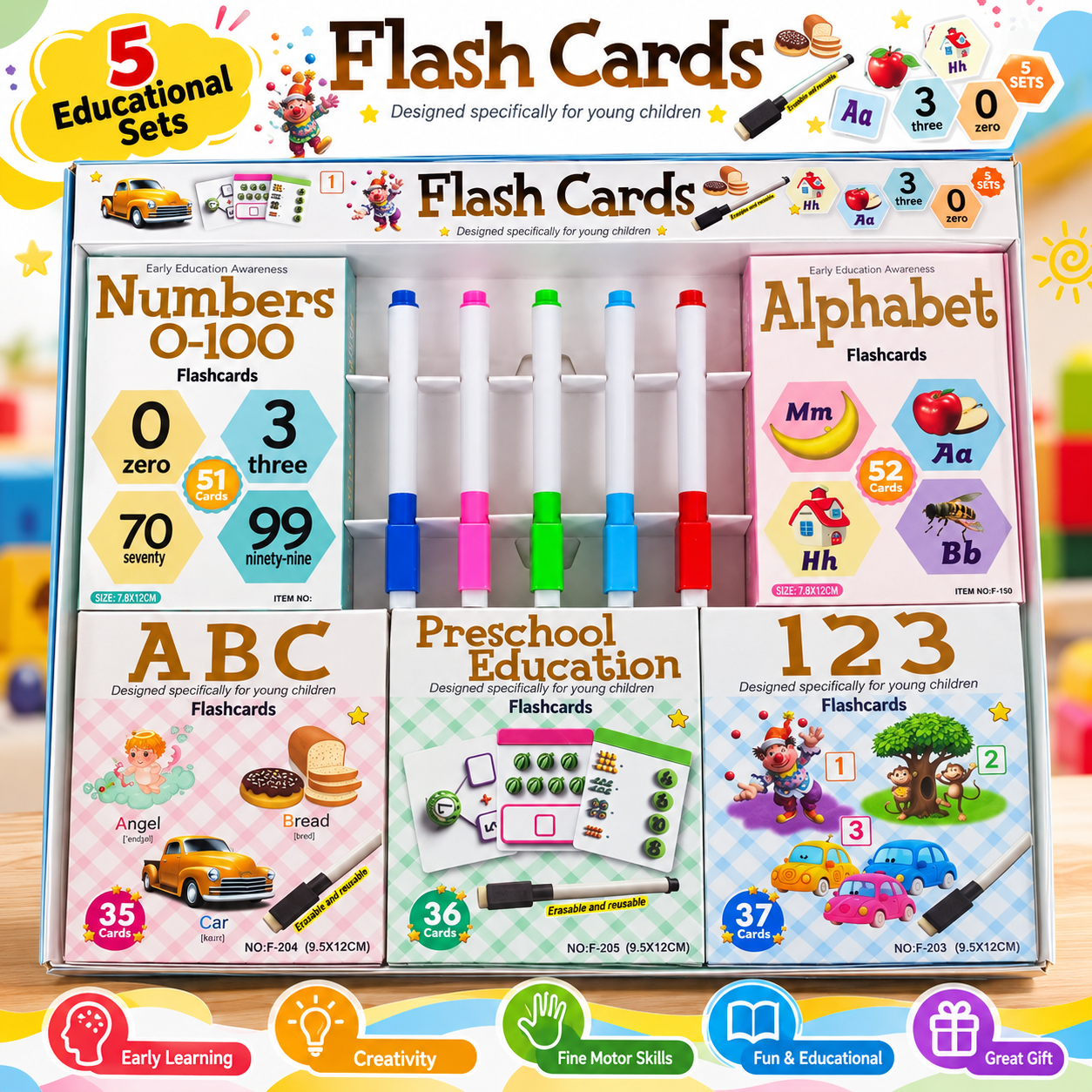 5 in 1 Flash Cards Set for Kids - ABC, Numbers, Counting and Preschool Learning Cards F1001