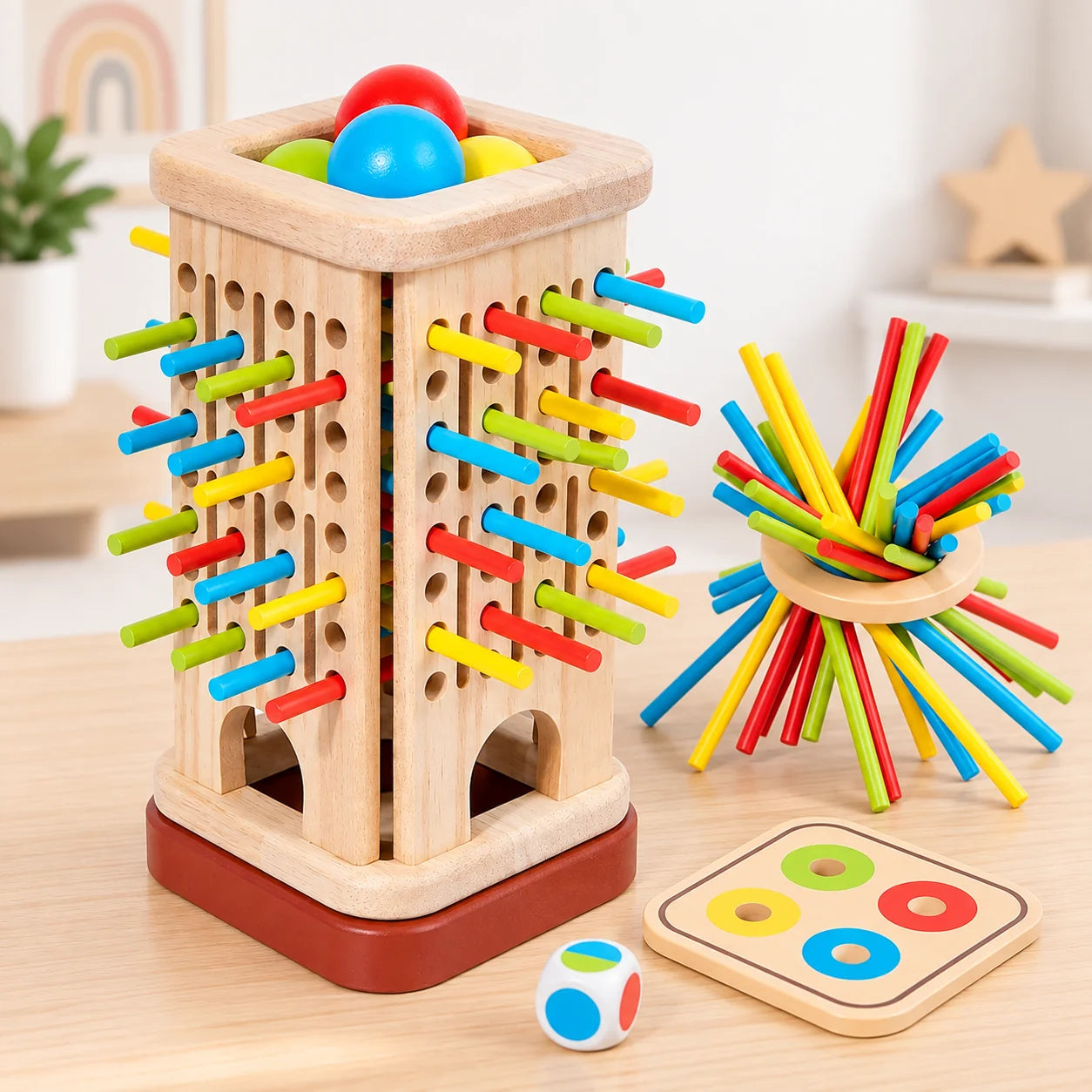 Wooden 3in1 Stick Pulling Ball Drop Tower Balance Activity Toy