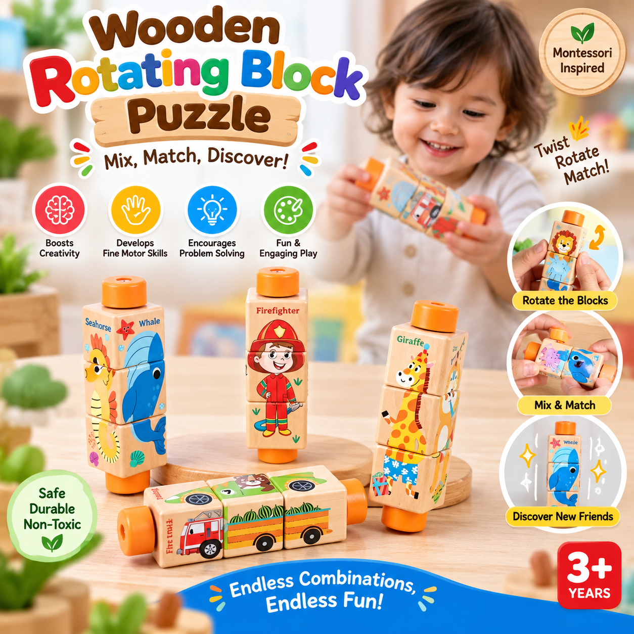 Wooden Four-Sided Rotating Block Puzzle