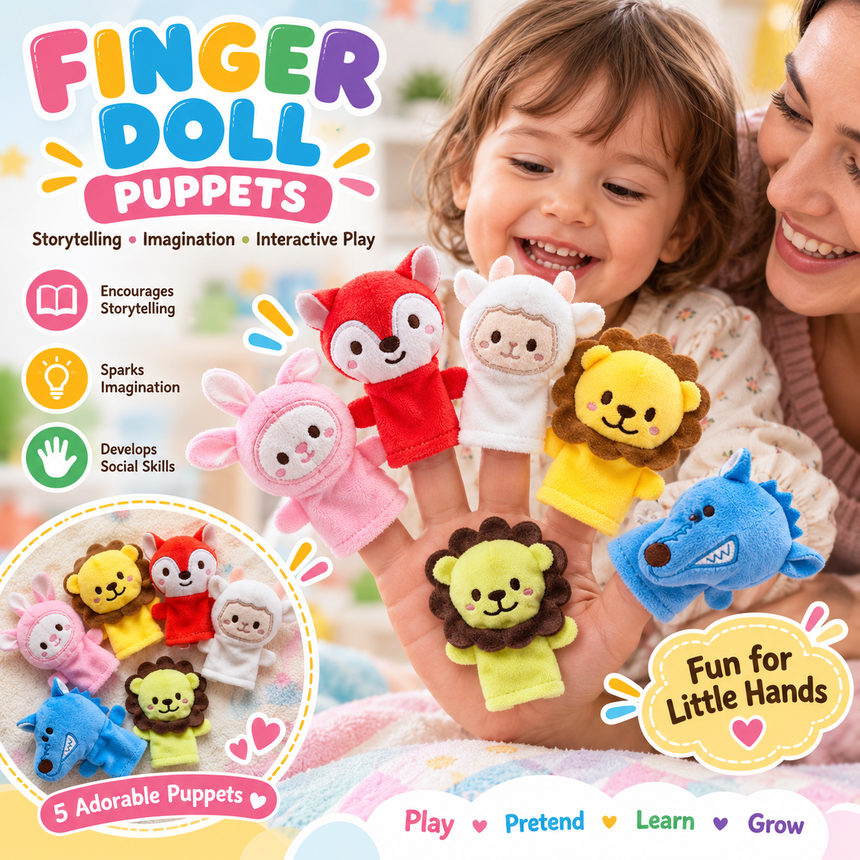Finger Puppet Animal Set Cute Soft Plush 5 Finger Dolls for Kids