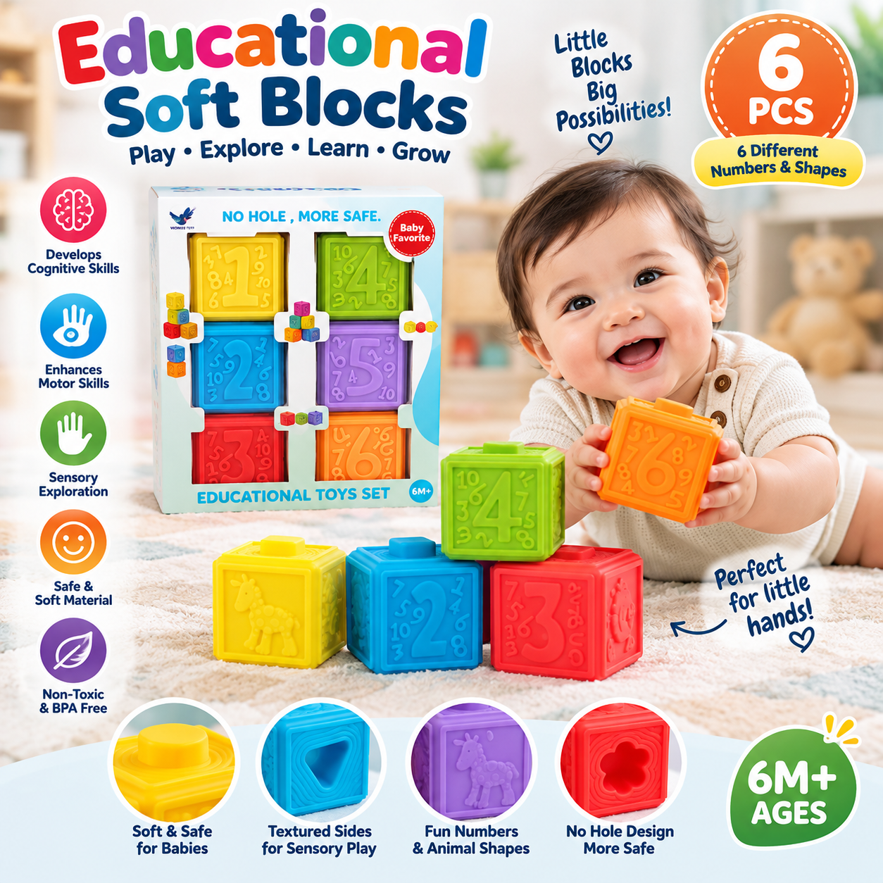 Educational Soft Number and Sensory Blocks – 6 Pieces
