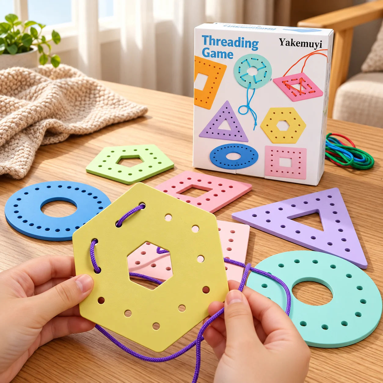 Wooden Multicolor Geometric Shapes Threading Activity Set