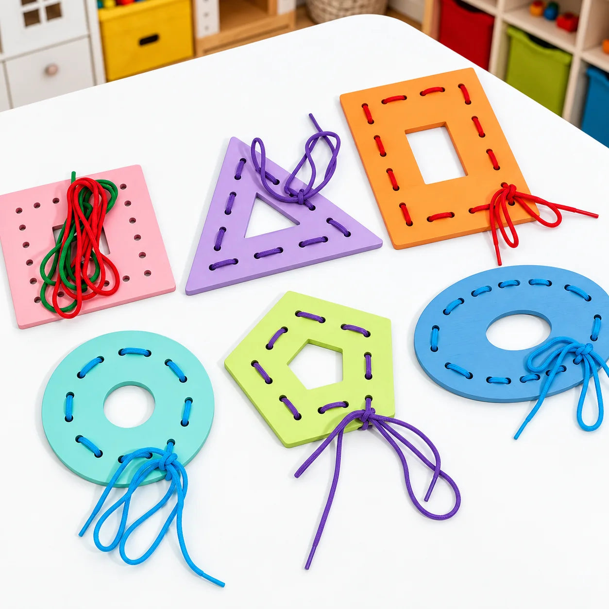 Wooden Multicolor Geometric Shapes Threading Activity Set