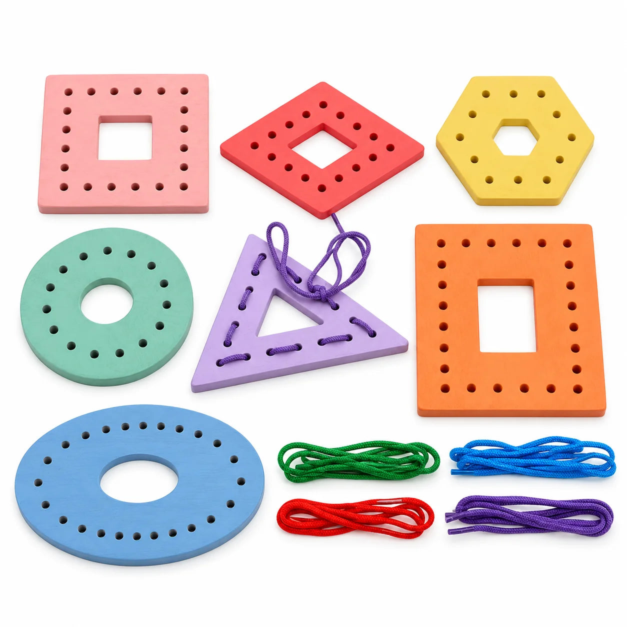 Wooden Multicolor Geometric Shapes Threading Activity Set