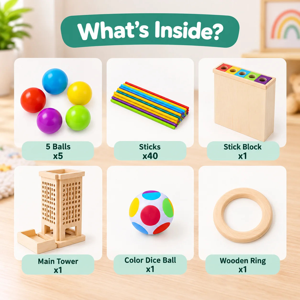 Wooden 3in1 Stick Pulling, Ball Drop and Color Sorting Activity Tower