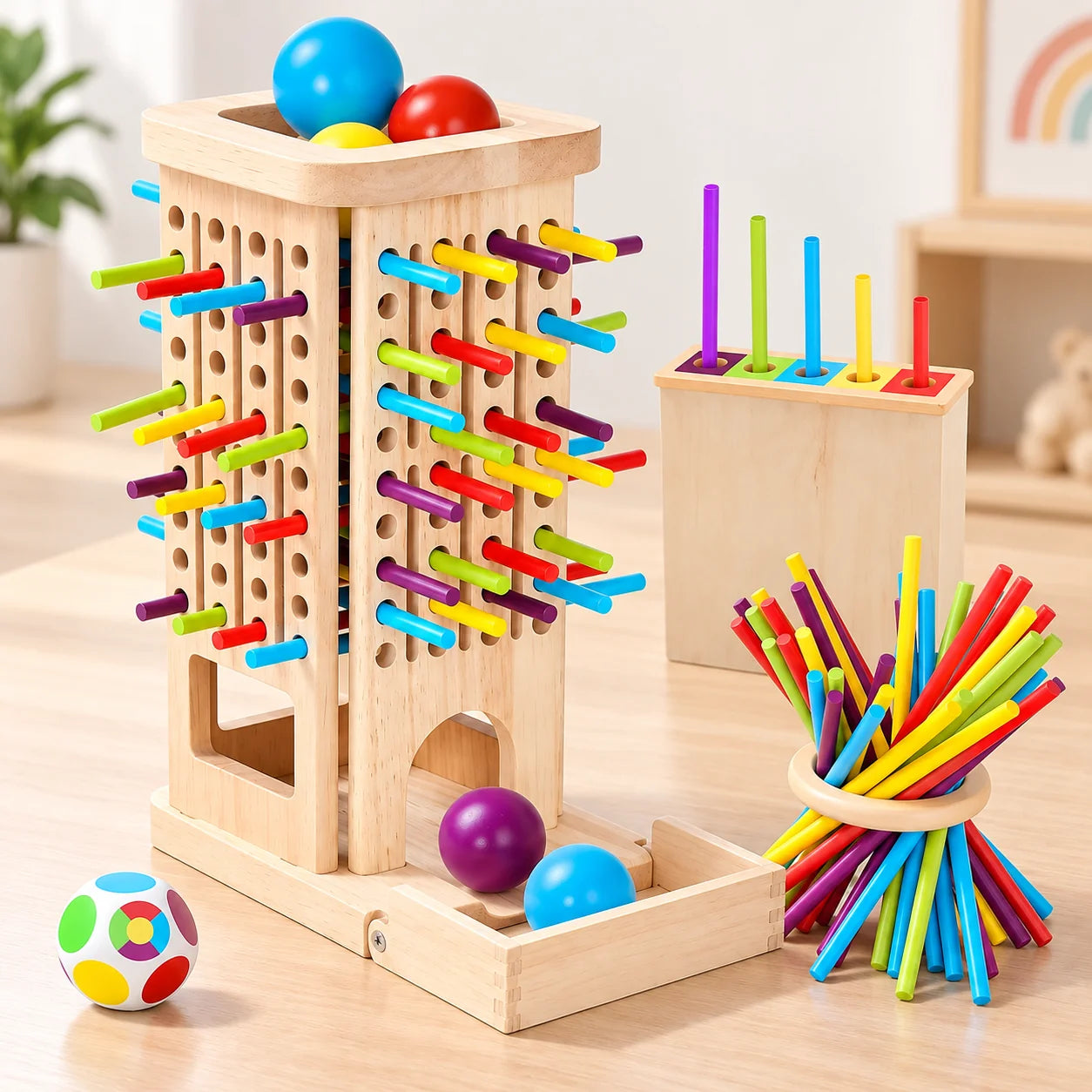 Wooden 3in1 Stick Pulling, Ball Drop and Color Sorting Activity Tower