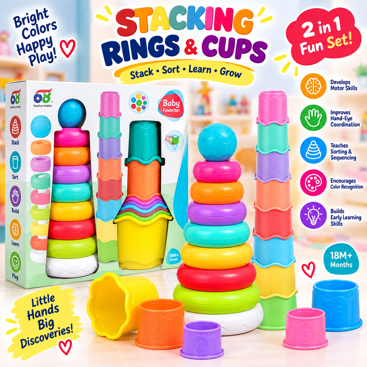 2in1 Colorful Stacking Rings and Cups Learning Toy